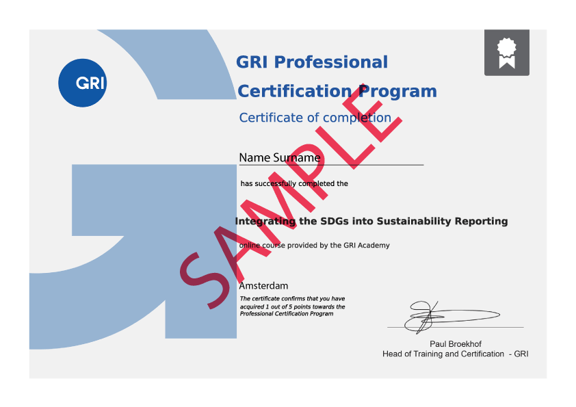 FBRH Integrating the SDGs certificate SAMPLE